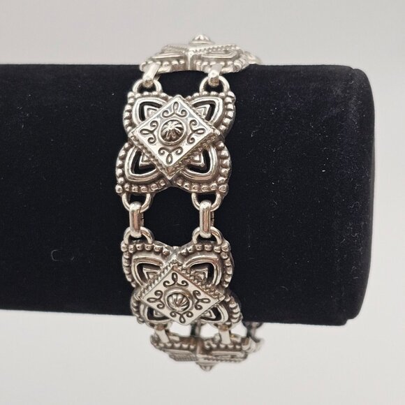 Brighton Jewelry - Brighton 7" Chunky Bracelet Medallion Panel Silver Tone Signed Vtg Raised Square